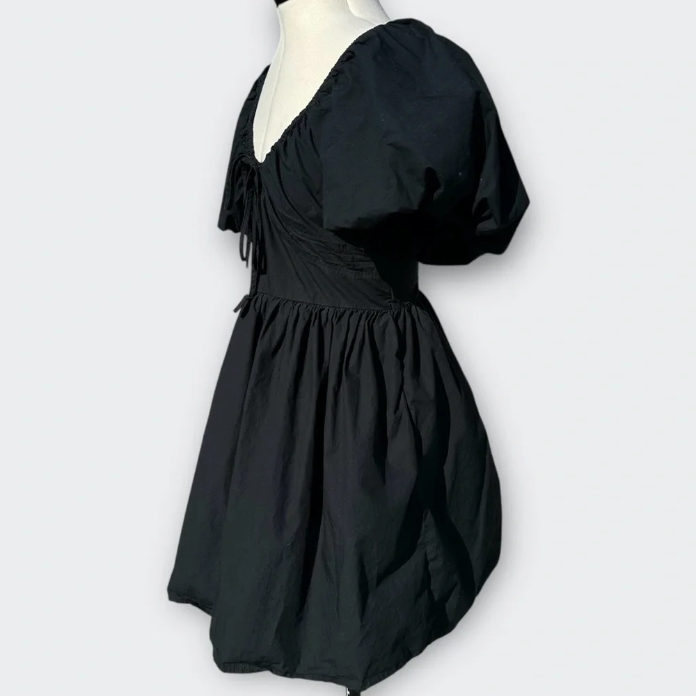 A NEW DAY Black Puff Sleeve Mini Dress Ruched Goth Whimsigoth Boho Coquette S - Picture 4 of 13